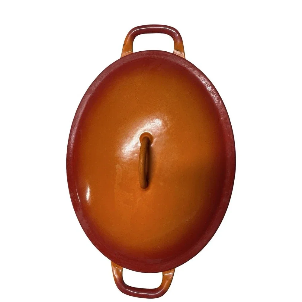 Vintage Flame Orange  Dutch Oven 4 Quart Enamel Cast Iron Oval Belgium MCM